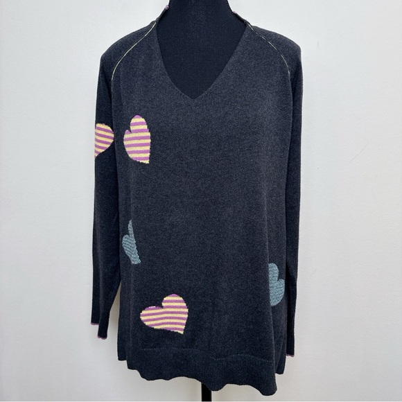 ZAKET & PLOVER Womens Small Vneck Heart Cashmere Gray Sweater CN - Picture 2 of 15